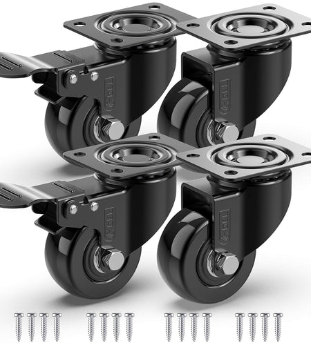 2" Heavy Duty Caster Wheels with 2 Brakes + Screws - up to 440Lbs - Set of 4 No Floor Marks Silent Castor for Furniture - Rubbered Trolley Wheels - Black Casters