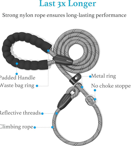 6 FT Durable Slip Lead Dog Leash with Padded Handle and Highly Reflective Threads, Dog Training Leash, (Medium/Large, 35~120 Lbs., Grey)