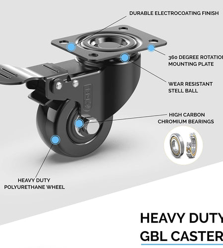 2" Heavy Duty Caster Wheels with 2 Brakes + Screws - up to 440Lbs - Set of 4 No Floor Marks Silent Castor for Furniture - Rubbered Trolley Wheels - Black Casters